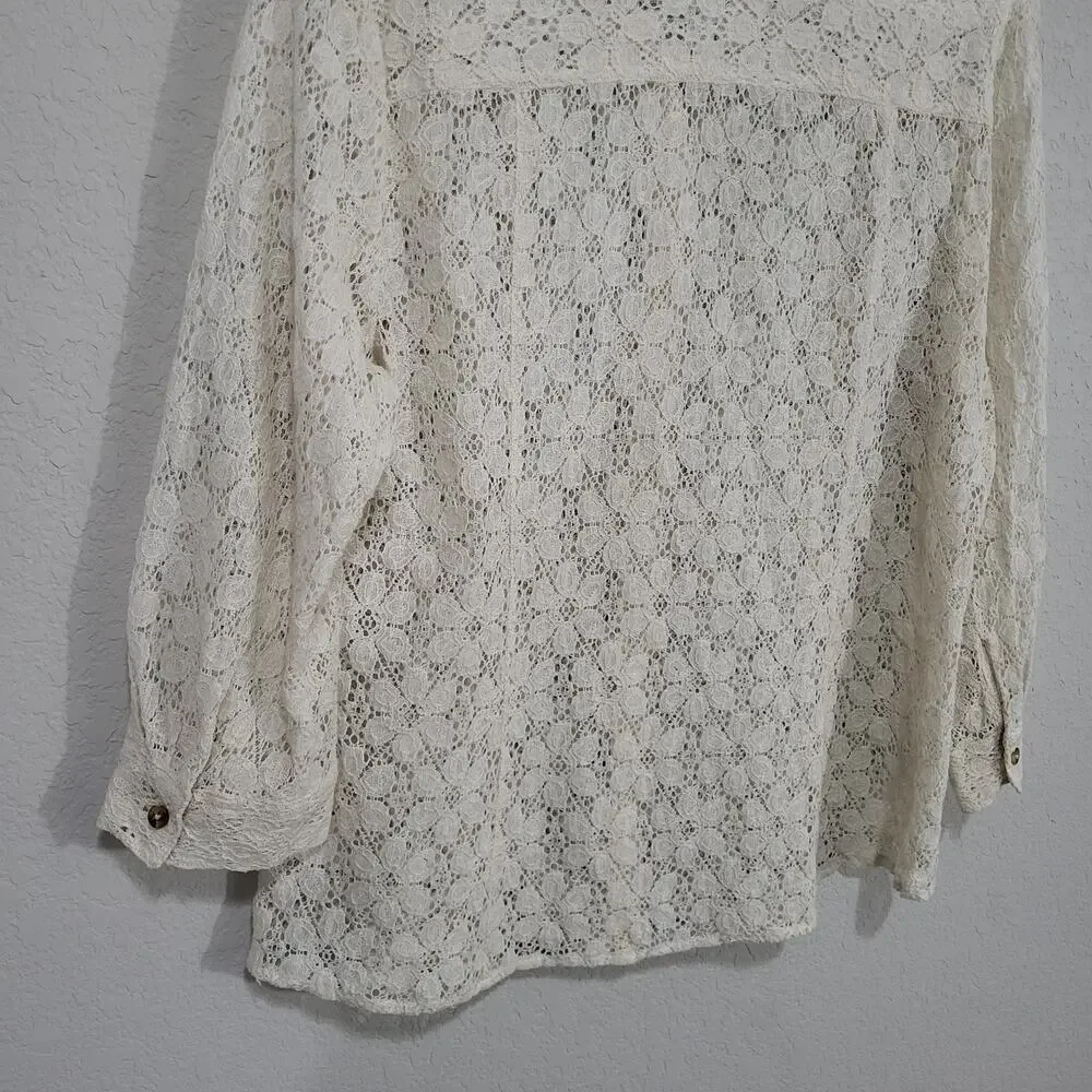 Coldwater Creek Lace Shirt Womens Large Cream Lace Summer Boho Coastal Cottage - Picture 12 of 12